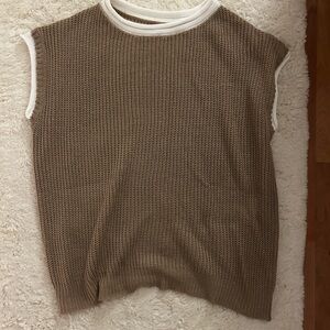 Tan Sleeveless Knit Top with White Trim